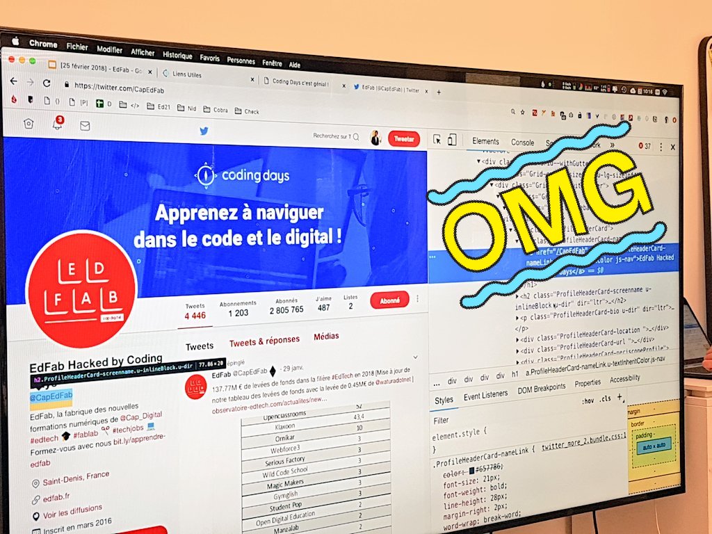 CapEdFab's tweet photo. #hacking101 by @coding_days où comment découvrir par la pratique comment on conçoit et gère une page web !
#capcampus #ona2Mdefollowers #edfabhackedbycodingdays https://t.co/Z1HwkWtsH7