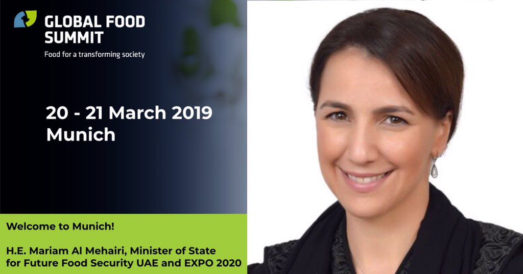 We are honoured and proud, that the Minister of Food Security and EXPO2020 of the UAE, H. E. Mariam Al Mehairi, is our key-note speaker at the Global Food Summit 2019 in the Munich Residence.

See more: presseportal.de/pm/128584/4201…
Or here: globalfoodsummit.com