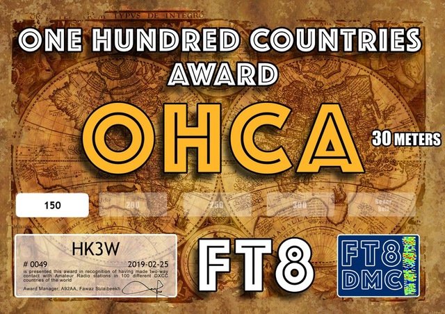 HK3W's tweet photo. OHCA One Hundred Countries Award 30Mts Band (150 Countries) FT8 mode #ft8 #30mts #ohca #hk3w #Hk3wShack #award #dxcc https://t.co/ZFs3vOEsrq https://t.co/ihx9RQGSxg