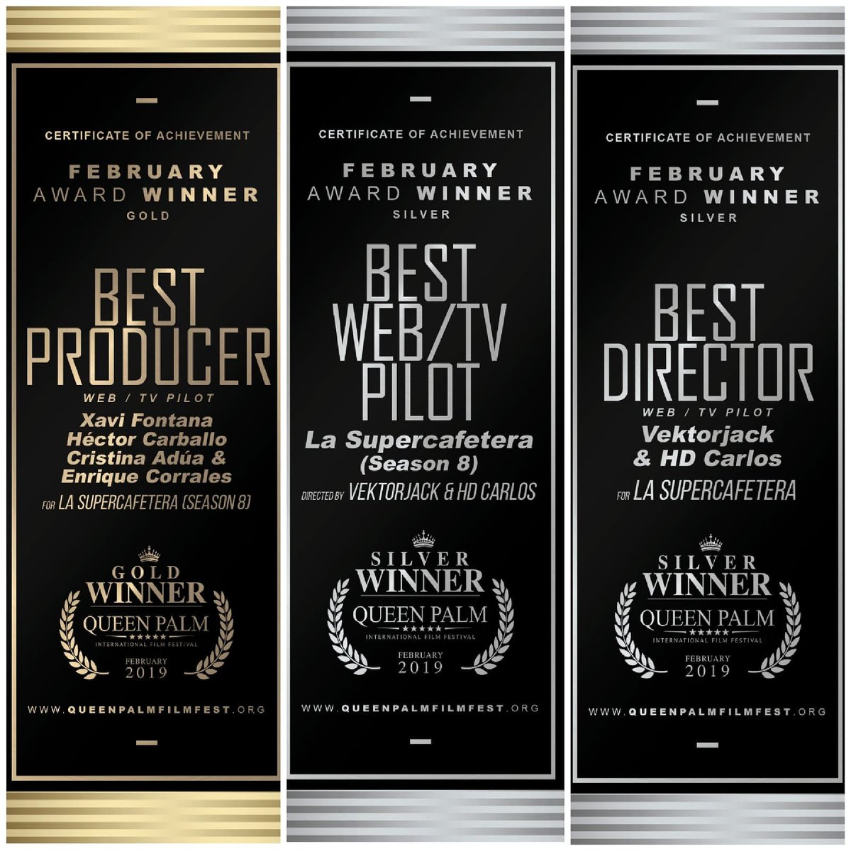 HectorCarballoL's tweet photo. Nos han dado tres premios de los chulos (mejor producción, mejor dirección y mejor webserie) a La Supercafetera en el @queenpalmfest por nuestra temporada final!!!
.
.
@kememole #awards #palmsprings #lsc8 #lscfinal #lasupercafetera #agradecidosyemocionados https://t.co/w0LKp9DlbT
