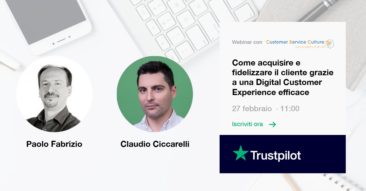 PaoloFabrizio71's tweet photo. [Webinar] Come sfruttare le recensioni online per fidelizzare e acquisire clienti? Il 27 febbraio alle 11:00 con gli amici di @Trustpilot. Iscriviti 👉 https://t.co/2Stj4CQ4uj  #recensionionline #DigitalCustomerService https://t.co/arxjQtQOrd https://t.co/XpI51a2Psw