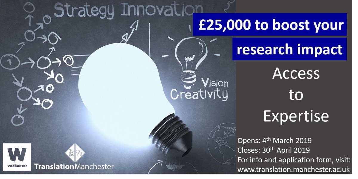 Translation_Mcr's tweet photo. On #TranslationTuesday we're excited to announce that it's almost time for a new #funding #opportunity! #A2E opens 4th March 2019.
See application bried here here:
https://t.co/xKe7hLqQfU
#accesstoexpertise #research @RD_UoM #innovation #impact #collaboration https://t.co/fdHY2BRmt0