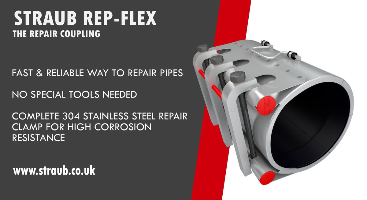 straubcouplings's tweet photo. Straub Rep-Flex  clamps are ideal for repairing pipe breakages and damage of up to 200mm caused by corrosion or ground movement #pipecorrosion #pipedamage #repairpipe #straubcouplings #pipecouplings https://t.co/TAS6ySZQsi