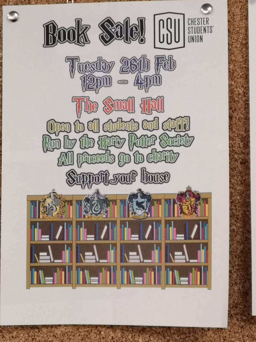 You might have seen the posters up around Parkgate Campus, we're holding a book sale tomorrow! Come along to the small hall between 12-4pm tomorrow to help support our charities <a href="/MindCharity/">Mind</a> and <a href="/Autism/">National Autistic Society</a>! 

#mychesterstory #CSYou #harrypotter #chesteruni #booksale
