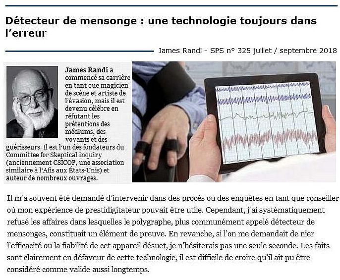 afis_science's tweet photo. Détecteur de mensonge : une technologie toujours dans l’erreur
James Randi - SPS n° 325 juillet / septembre 2018
https://t.co/nnCw7WILO3
@SkeptInquirer #james_randi #polygraphe https://t.co/m71ueDQslz