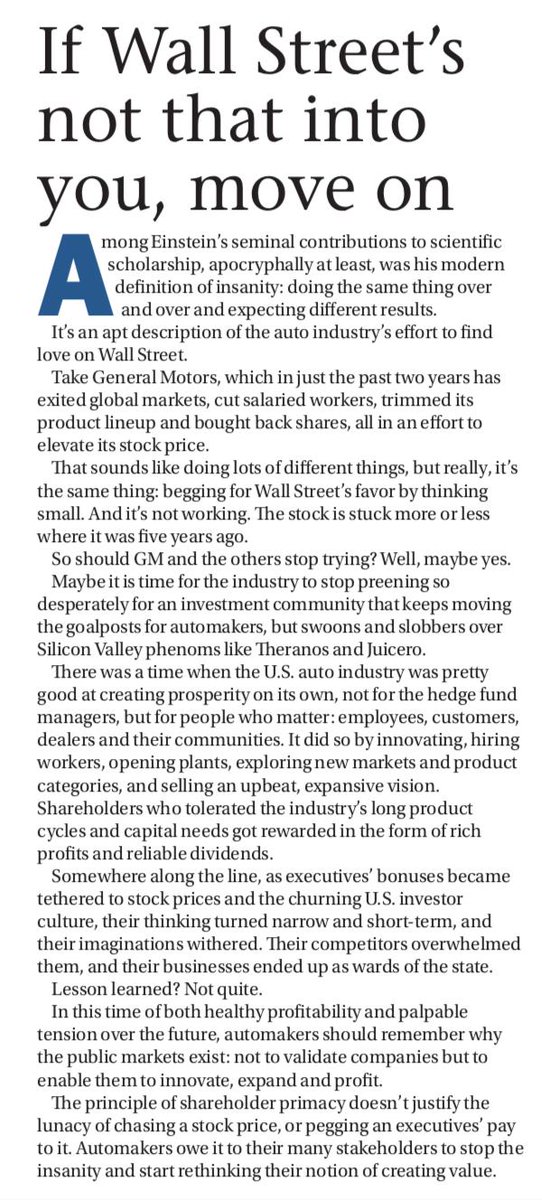 Nigh on every word in the lead editorial from this week's @Automotive_News issue speaks from my heart. The stock market is not an effective price discovery mechanism in times of paradigm-shifting change. 

#StakeholderValue
