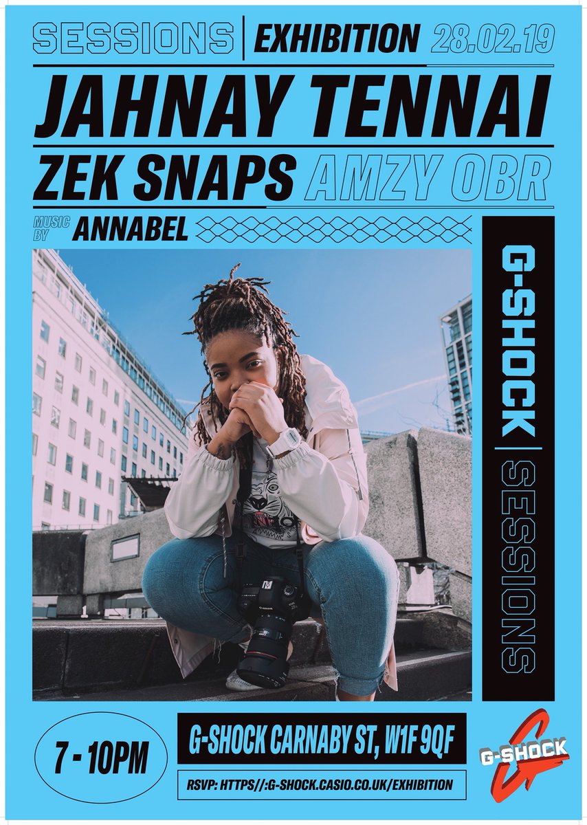 Jahnaytennai's tweet photo. Iโm proud to announce that i have been chosen to be apart of the G-Shock sessions exhibition alongside two other wavey sharp shooters @amzyobr and @z_snaps. Itโs free to RSVP so I would love to see you all there on Thursday 28th Feb. https://t.co/wmODRg3pE4 ๐
๐๐พโจ #GSESSIONS https://t.co/Oyk2bSthOA