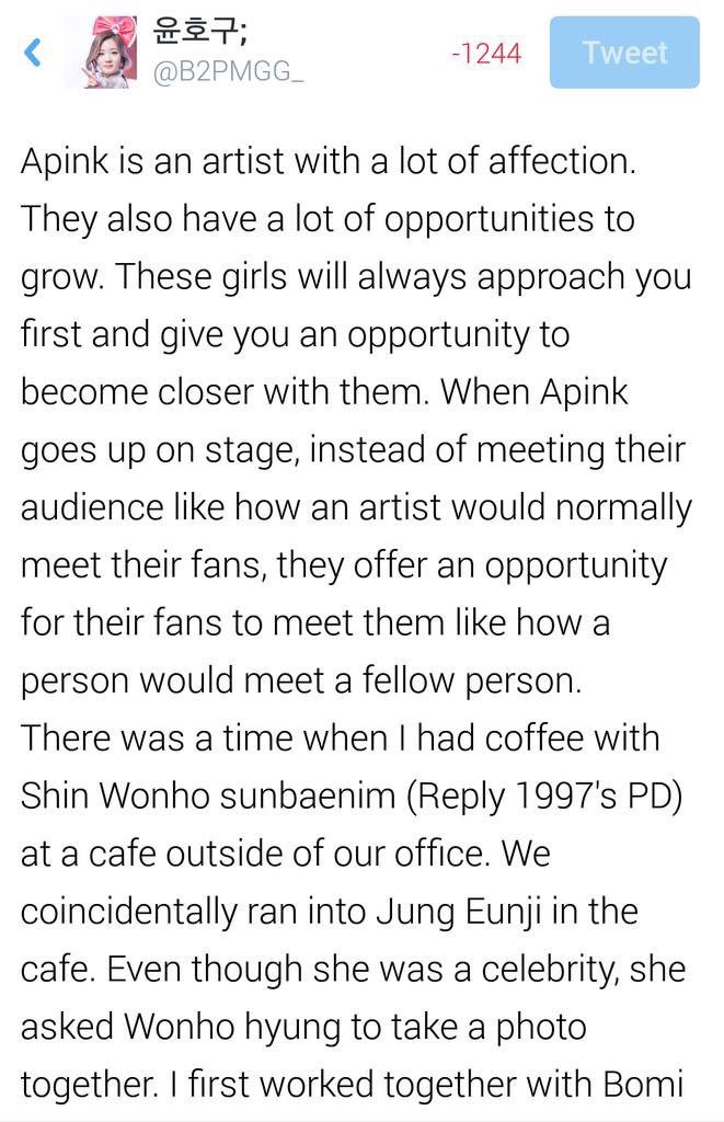 “when apink goes up on stage, instead of meeting their audience like how an artist would normally meet their fans, they offer an opportunity for the fans to meet them like how a person would meet a fellow person” -kbs pd/director  https://twitter.com/b2pmgg_/status/676713410516533248?s=21