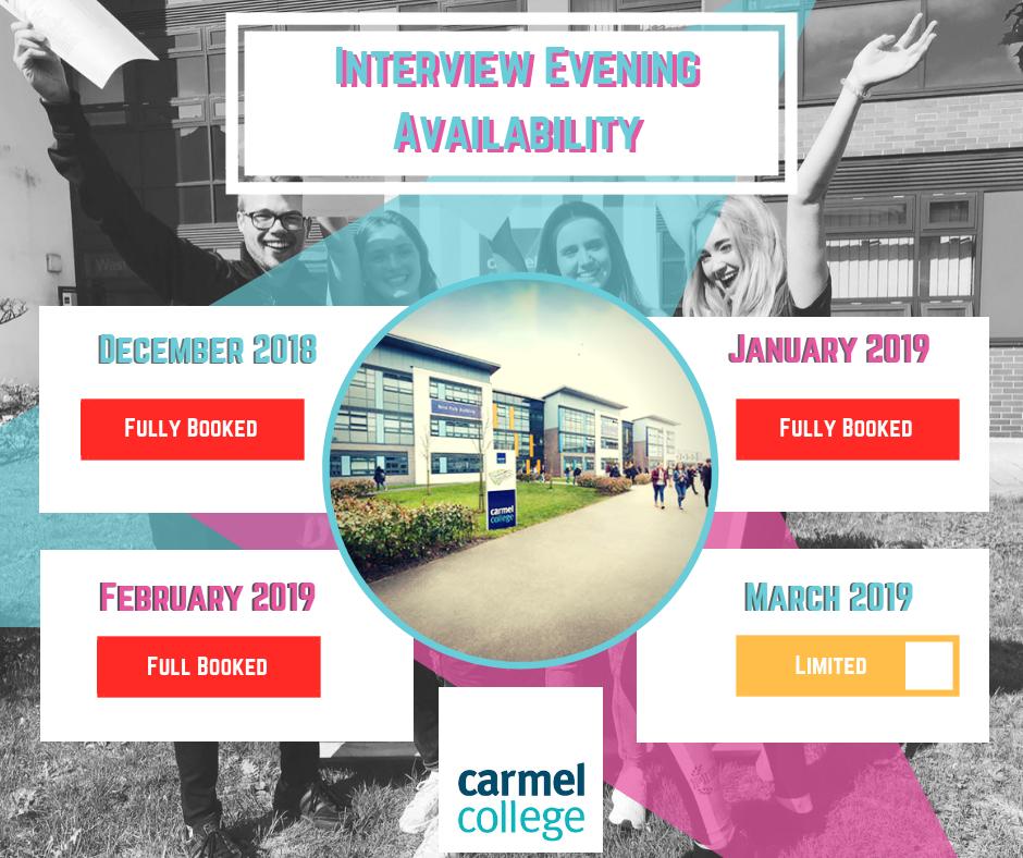 CarmelCollege's tweet photo. Spaces are filling up! Don't forget to apply online and register for your #InterviewEvening 👍😀Our next #InterviewEvening will be held on 2️⃣0️⃣th March 2️⃣0️⃣1️⃣9️⃣ #DestinationCarmel https://t.co/pyi3QdnWXD