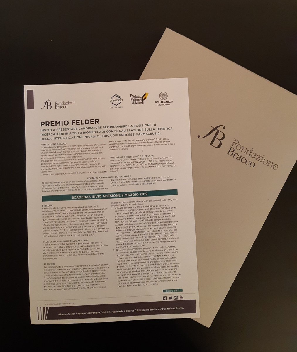 FondBracco's tweet photo. La #callinternazionale #PremioFelder si rivolge a giovani ricercatori di nazionalità italiana che stanno svolgendo all'estero da almeno tre anni attività didattica o di ricerca post dottorale nel settore della chimica del flusso #progettoDiventerò https://t.co/5k1rnYHRtg