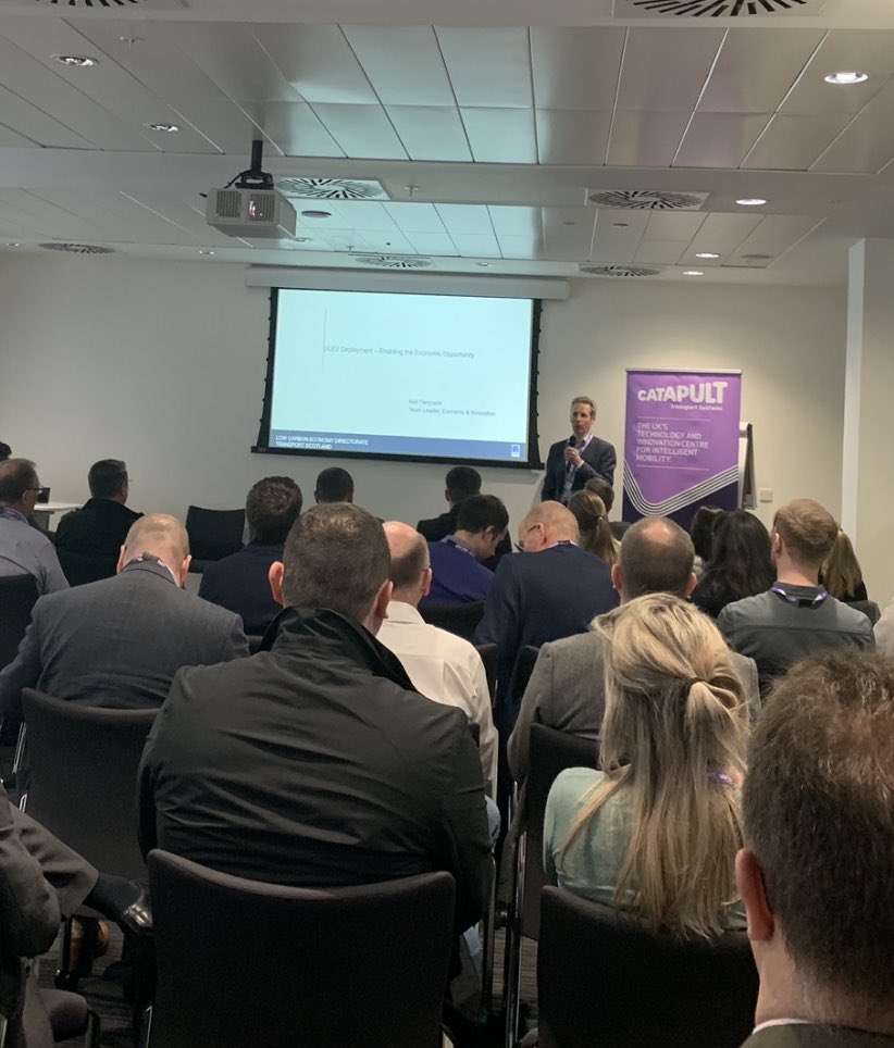 TSCatapult's tweet photo. Fascinating presentation from @transcotland Neil Ferguson who outlined the Scottish Governments ambition to be at the forefront of the growth of electric vehicles, &amp; how they are investing £50 million annually to encourage their uptake and increase charging points #transportcafe https://t.co/9WWsJbn4cc