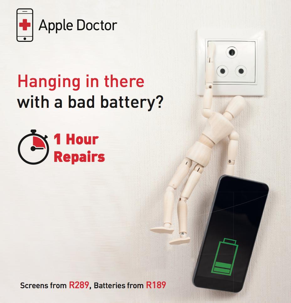 Cellucity's tweet photo. Hanging in there with a bad battery? Apple Doctor repairs Apple &amp; Huawei devices. Get your screen replaced from as little as R289 &amp; batteries from R189!  ⭐📱
 
 Find your nearest Apple Doctor here: https://t.co/0ehF9vMAQg. 🙌📱#AppleDoctor Exclusive to @Cellucity @AppledoctorZA https://t.co/q1vMbaDwj5