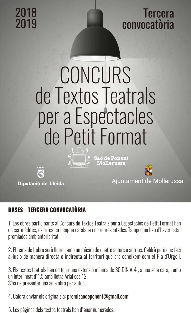 MascanPladUrgel's tweet photo. Els de @saodeponent organitzen un #Concurs de textos #Teatrals, queden 3 dies per tancar la presentació de textos https://t.co/WOPBuM5Nch https://t.co/BIEyUZxKgB