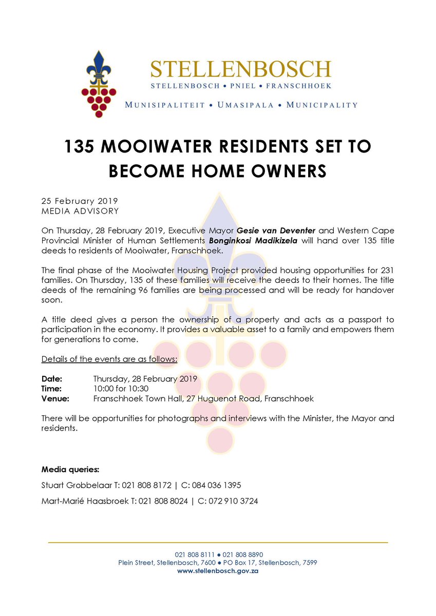 [MEDIA ALERT] 135 residents set to become home owners on Thursday, 28 Feb. Mayor van Deventer &amp; WC Human Settlements Minister, Bonginkosi Madikizela, will hand over 135 title deeds to families in Mooiwater. A title deed is a passport to participation in the economy! 🏠📈