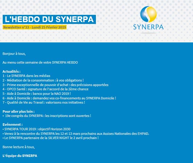 🔈🗞🗞la Newsletter SYNERPA HEBDO est en ligne !! L’essentiel de l’actualité du secteur pour les décideurs du médico-social #médias #médiateur #pouvoirdachat #OPCO #nao #congrès <a href="/CNSA_actu/">CNSA</a> @Ehpa_Presse <a href="/SilverEcoNight/">SilverNight</a> #ehpad #rss #sad ➡️➡️➡️ bit.ly/2H0OEZU @FAMSynerpa