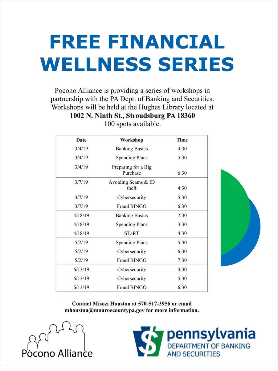 Pocono_Alliance's tweet photo. Pocono Alliance is providing a series of workshops in
partnership w/ PA Banking &amp; Securities. Workshops will be held at Hughes Library. Space is limited. Contact Misozi Houston at 570-517-3956 or email
mhouston@monroecountypa.gov for info #FinancialWellness https://t.co/2KxweS4IIx