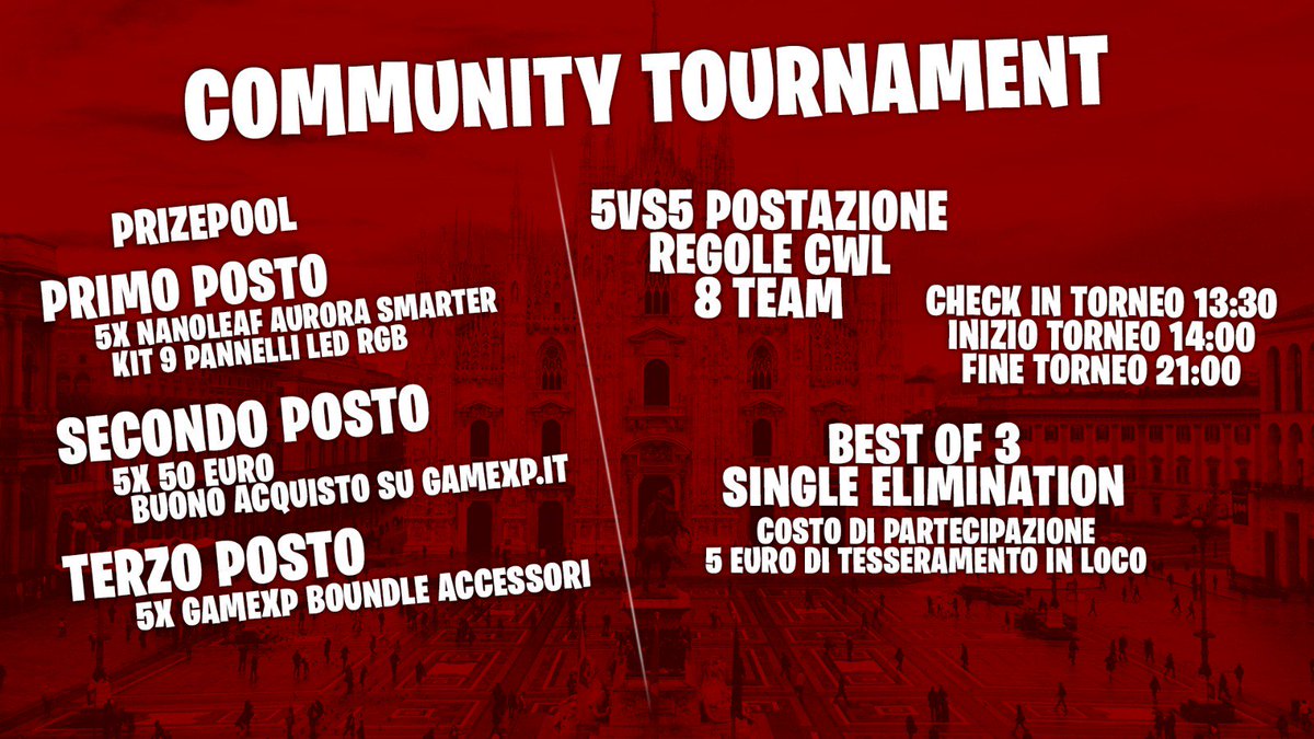 COMMUNITY TOURNAMENT 🇮🇹

Sono aperte le iscrizioni al primo Community Tournament con 1500 euro di Montepremi complessivo! 

Compilate il modulo per registrare il vostro team: goo.gl/E7LKND

Non perdetevi anche questa opportunità di farvi notare! 
RT apprezzati.