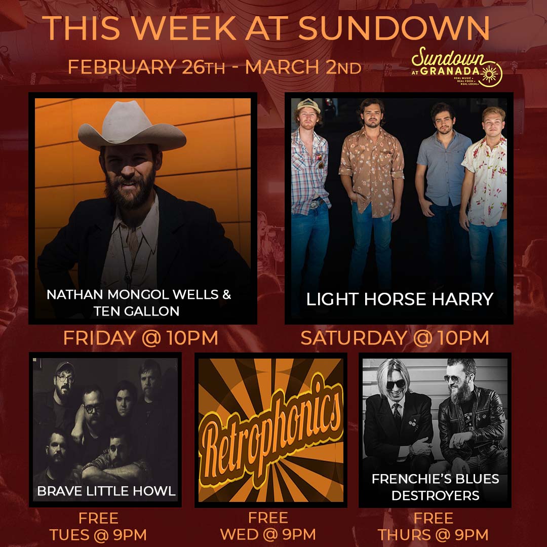 This week at Sundown, we have five exciting shows on our intimate stage! 

-Tues: <a href="/BraveLittleHowl/">Brave Little Howl</a> 
-Wed: #Retrophonics
-Thurs: #FrenchiesBluesDestroyers
-Fri: <a href="/mongolwells/">Nathan Mongol Wells</a> → bit.ly/2N4t1bS
-Sat: <a href="/LHHband/">jesus was a brown skinned communist</a> → bit.ly/2E5kfI4

See you on Lower Greenville Dallas!