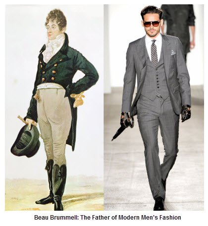 And then men's fashion functionally froze. It went that far and then no further for *two hundred years*. Do you know why men's suits have long pants? Because Beau Brummel thought breeches and stockings were for losers.His style is the DIRECT ancestor of modern suits