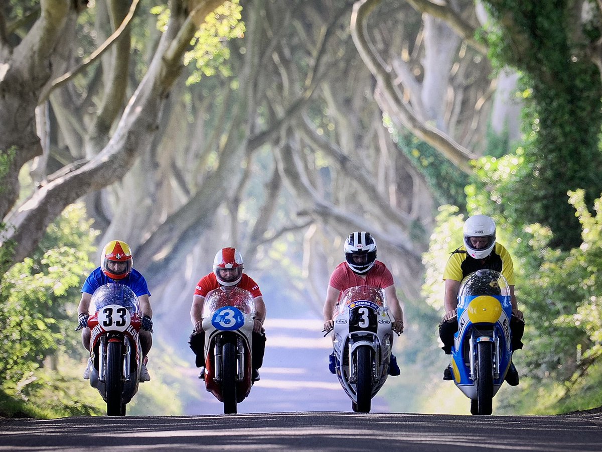 sdbikephoto's tweet image. A tribute to the Armoy Armada taken at the Dark Hedges a few years ago.Paul Robinson re his Dad, Mervyn,Jim Dunlop,William Dunlop re his uncle Joey and Bill Kennedy re his brother Frank.All the bikes were originally ridden by the Armada members.Plenty of Castrol R in the air!