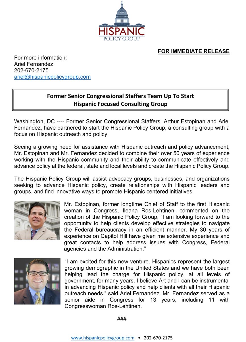 ArielFernandez's tweet photo. ANNOUNCEMENT: @estopinangroup & I have partnered to launch @HispanicPolicyGroup, a #ConsultingFirm using our ovr 50 yrs #experience in #Government & #HispanicAffairs with #HispanicOutreach, #HispanicPolicy and #GovernmentRelations, and the #advancement of #HispanicInitiatives https://t.co/LfzYI8sSVz