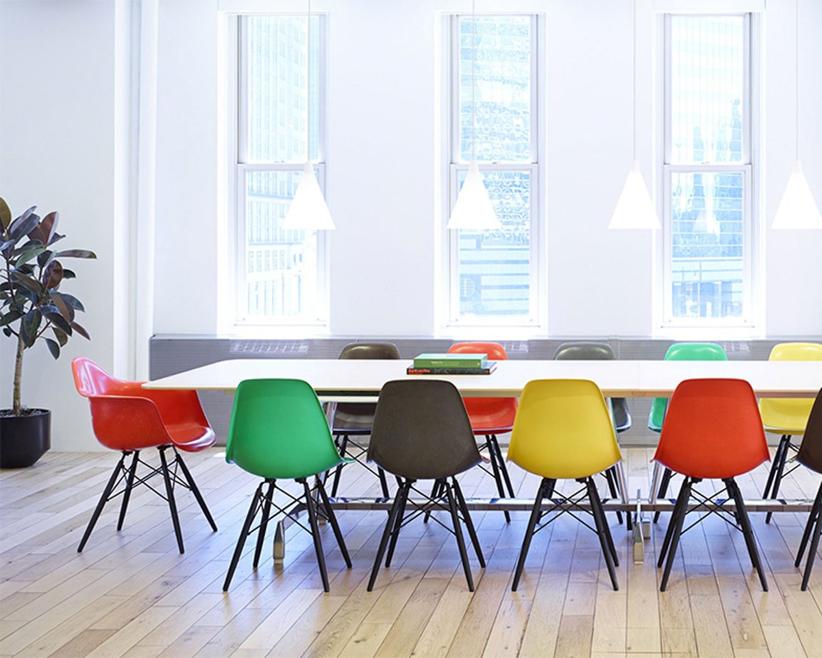 At home, at school, and in the office—this bright collection of Eames Fiberglass Shell Chairs has the potential to make Monday morning meetings slightly less dreary, don’t you think? bddy.me/2Sn7tbz

@eameoffice | Available in Europe and the Middle East from <a href="/vitra/">Vitra</a>