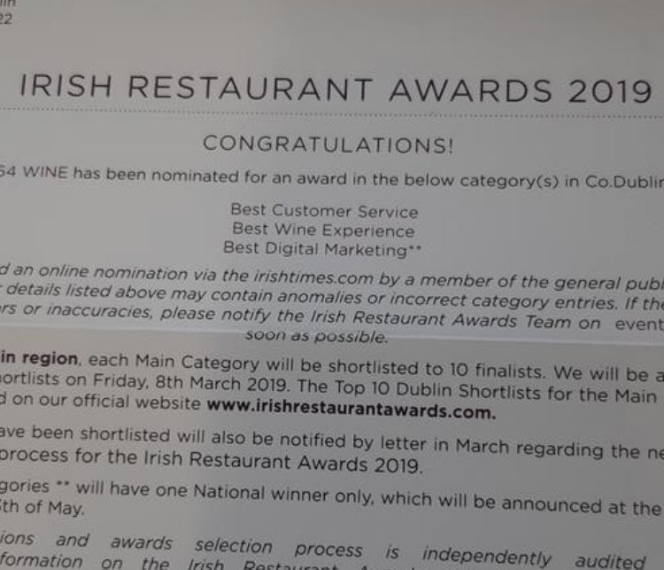 elywinebars's tweet photo. Great to see everyone getting a nod from @restawards Nine nominations and particularly liking the Best Wine Experience across the board #ELYWINEBAR #ELYBARANDGRILL #ELY64 #Dublin https://t.co/PV0BkWEDyf