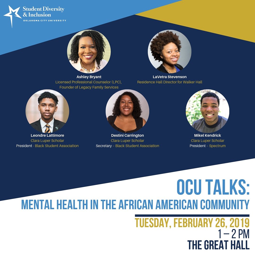 OCUDiversity's tweet photo. Reminder: "OCU Talks - Mental Health in the African American Community" will be held on Tuesday, February 26, 1 - 2 p.m. in the Great Hall. Hope to see you then! 

@OCUStuAffairs @OKCU @OCUBSA https://t.co/PNENO2Zapc