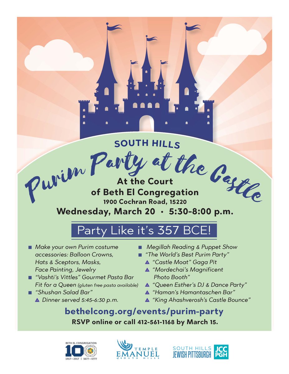 Party like it's 357 BCE!

The "South Hills Purim Party at the Castle" is Wed, 3/20 at Beth El Congregation.

FREE and open to the community!

RSVP: bethelcong.org/events/purim-p…

Presented by South Hills Jewish Pittsburgh, Beth El, &amp; <a href="/EmanuelPgh/">Temple Emanuel</a>.