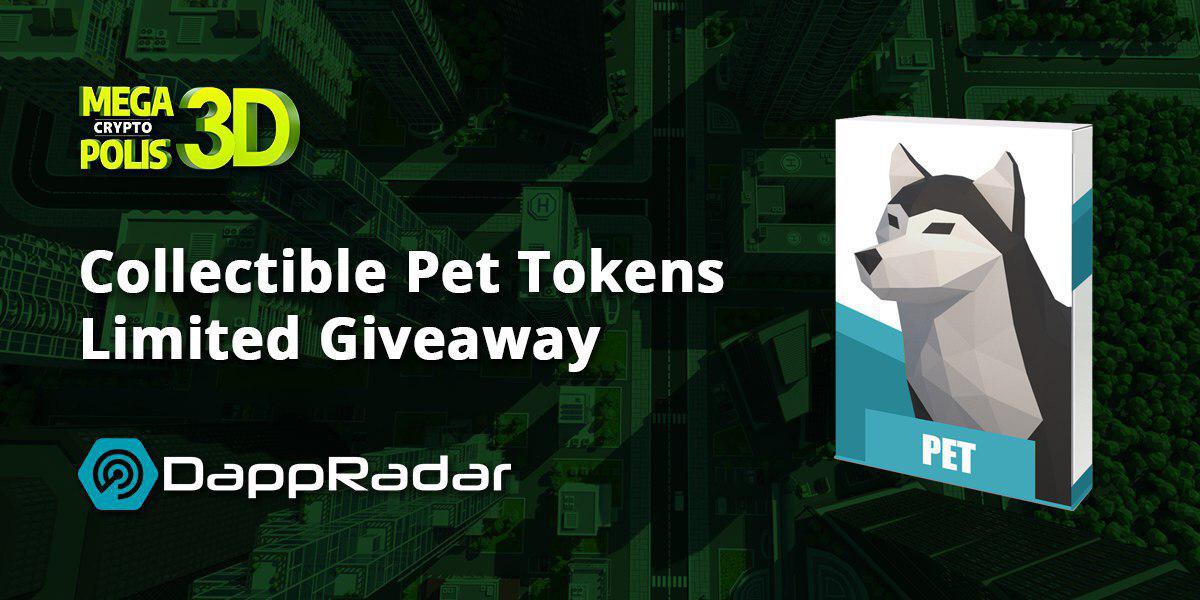 DappRadar's tweet photo. 🔥Limited time giveaway!🔥 10 Collectible Pet Tokens for the @MegaCryptoPolis 3D city builder Ethereum dApp game!

Join from 25 February to 4 March 2019:
1️⃣Retweet this and tag 3 friends
2️⃣Sign up here https://t.co/xwkj2iDv3h
3️⃣Comment with your favorite building type for #MCP3D https://t.co/q2EgwVizYz