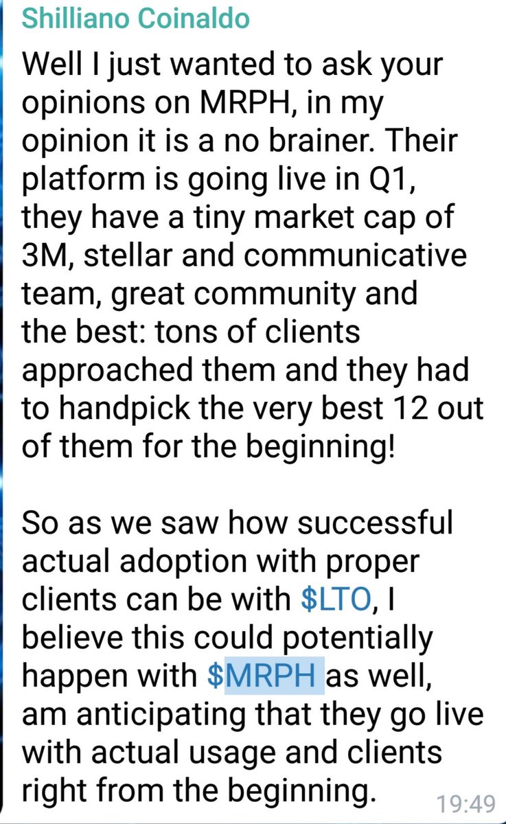 <a href="/scoinaldo/">Simon Dedic</a> nice 1 for the heads up on <a href="/morphcrypto/">Morpheus.Network</a> 

Pretty much everything I look for,

Working product.

Client base from the start.

Great communication.

V impressed with CEO's recent AMAs + product 

Looking forward to token economics + details of the $MRPH liquidity pool.