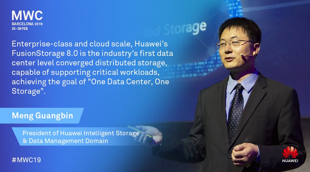 HuaweiCloud1's tweet image. Huawei Meng Guangbin believes that #FusionStorage 8.0 will achieve the goal of &quot;one data center, one storage&quot;, which is the development trend of enterprise digital transformation: bit.ly/2IBFzco #MWC2019