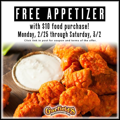 Psst, Garfield's is at it again, they're givin' away Free App's this week when you make any $10 food purchase, Js. Here's how you get the deets (details): http://ow.ly/b5C930nPmrj
#GreatTimes #GreatTastes