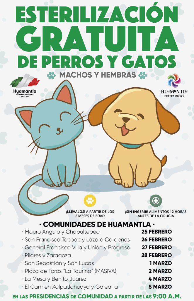 🐕🐈 Esterilización G R A T U I T A de perros y gatos en tu comunidad. 🐈🐕 Del 25 de febrero al 5 de marzo.

Consulta la fecha en que podrás llevar a tu mascota a esterilizar.

#Huamantla
#CiudadDeMascotas