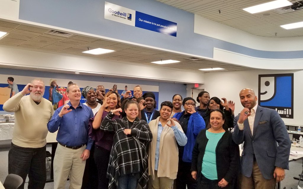 CEOGoodwillNG's tweet photo. Found my #MondayMotivation at today's #CEObreakfast in Duluth. Throwing our Goodwill G's in this picture. #EmployeeEngagement #TeamSpirit #goodwillatwork https://t.co/Nj981pnmNh