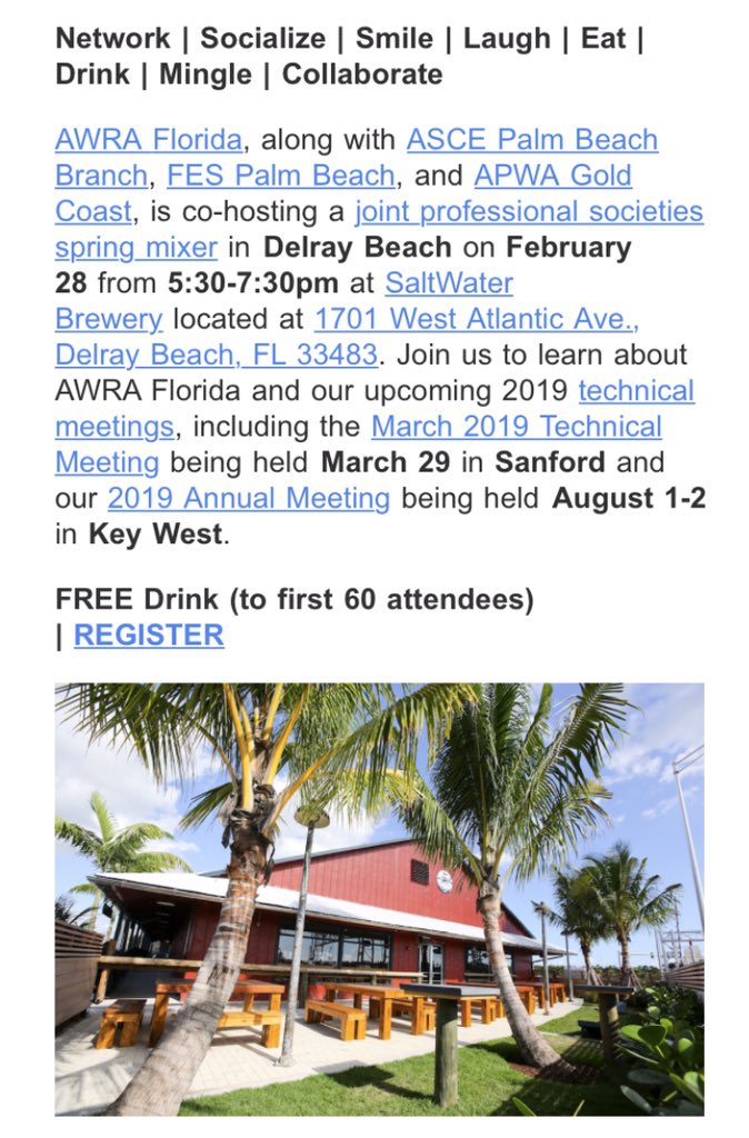 Join us at our joint professional societies spring mixer  with <a href="/ascepalmbeach1/">ASCE Palm Beach</a>, @FES_ACECFL FES Palm Beach, &amp; <a href="/APWAFlorida/">APWA Florida Chapter</a> Gold Coast Chapter this Thursday,  February 28th at SaltWater Brewery! Register today for your free drink!

events.r20.constantcontact.com/register/event…