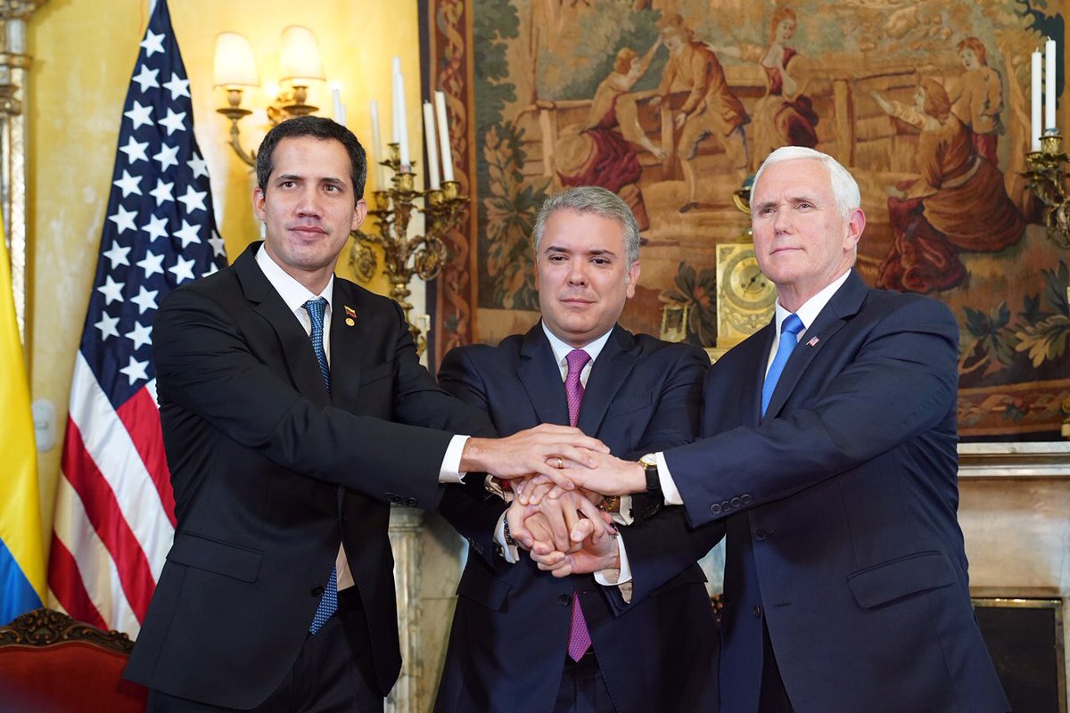 To President <a href="/jguaido/">Juan Guaidó</a> of Venezuela, it is a great privilege to share this moment. I bring you and President of Colombia <a href="/IvanDuque/">Iván Duque 🇨🇴</a> a very simple message from <a href="/POTUS/">President Donald J. Trump</a> Trump &amp; the United States of America: We are with you 100%.