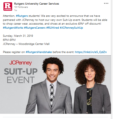 ProfHolliman's tweet photo. #RU students! Check out this suit up event through @jcpenney on March 31st. You'll receive a 40% discount on #career attire. What a great way to prepare for those internship and jobs interviews on the cheap! https://t.co/a0RDvhEjLK