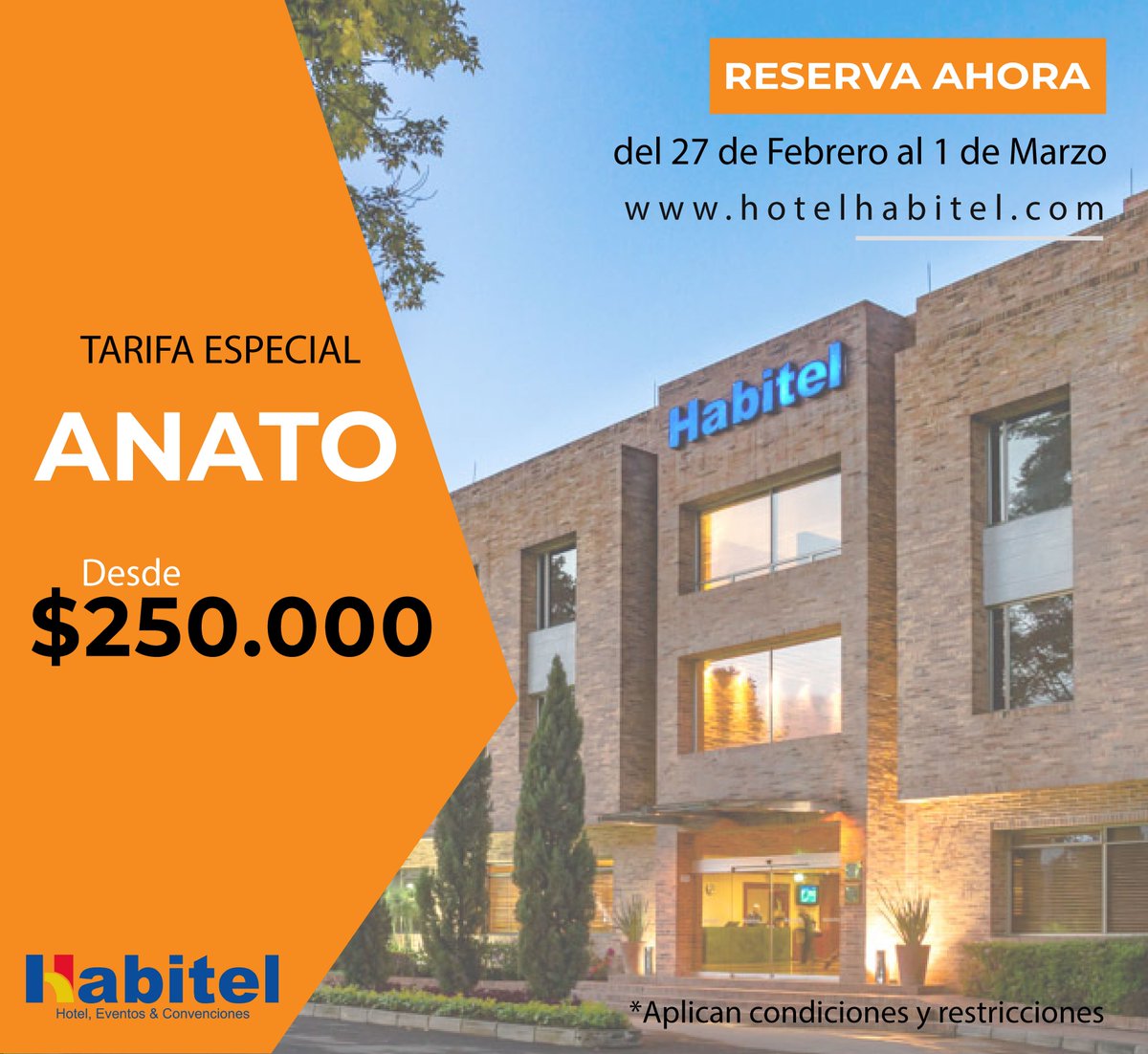 HotelHabitel's tweet photo. Disfruta una tarifa especial para @AnatoNacional en la #VitrinaTuristica2019 Contáctanos al 419 9999 o  Escríbenos para más información.

#Anato #Turismo #TurismoNacional #Bogota #Colombia https://t.co/8Ys4KpBvl9