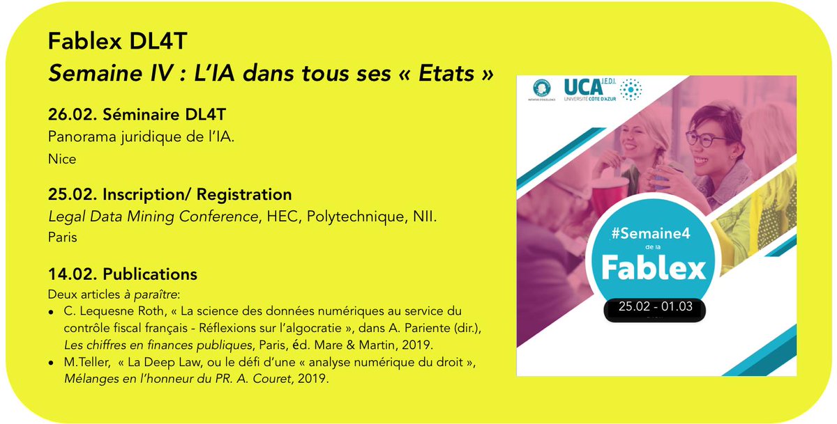 DL4Torg's tweet image. [thread] AGENDA FABLEX -  Cette semaine, l'IA est dans tous ses "Etats"

Au programme : séminaire #DL4T "Panorama juridique de l'IA", conférence Legal Data Mining, les dernières contributions à paraitre et quelques bons podcasts à (ré)écouter. 
Toutes les infos ⬇️