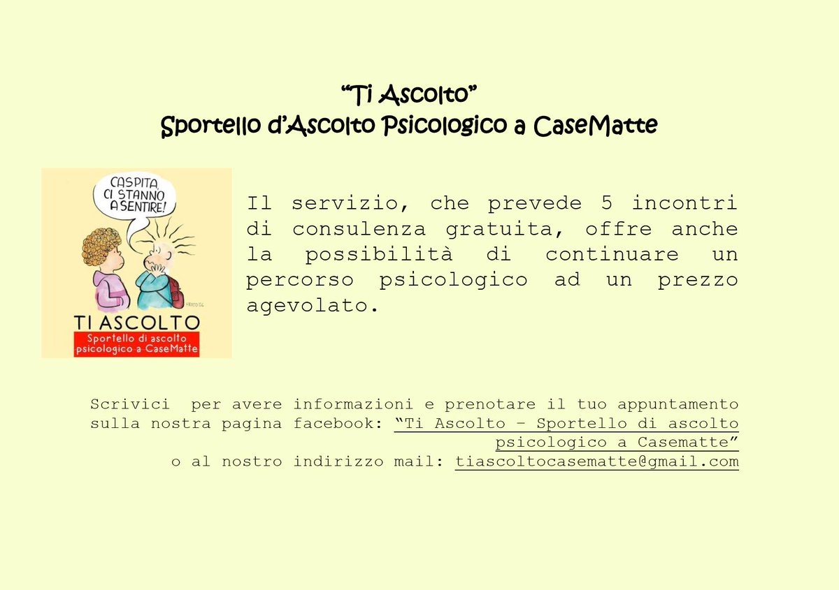 3e32's tweet photo. Domani, come tutti i #martedì, nel medialab ci sarà #Ti Ascolto - Sportello di #ascolto psicologico a #CaseMatte #LAquila. Un SERVIZIO GRATUITO che prosegue da mesi grazie a 3 giovani psicologi: la loro professionalità per un servizio pubblico in uno spazio sociale come il nostro https://t.co/8yMQPkOcUb