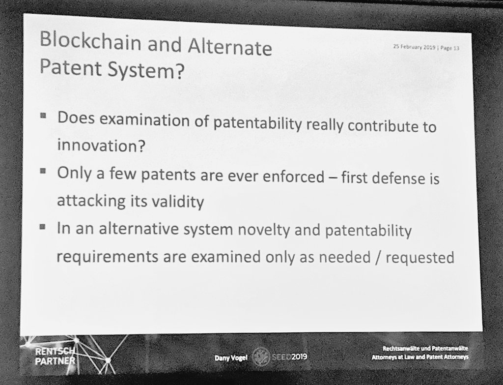 seedvalidity's tweet photo. Is the #patent system still valid?

We know what the #blockchain community thinks, but we're having someone on stage who knows all the ins and outs: Dany Vogel from Rentsch Partner:

Some of his futuristic musings - freely shared here at #SEED2019
@froriep_law https://t.co/vhx9l3EW9v