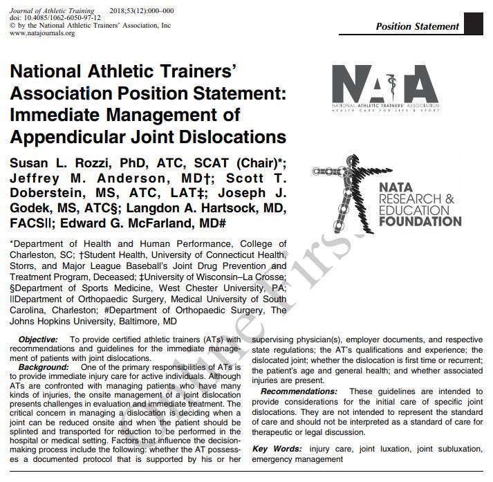 New <a href="/NATA1950/">NATA</a> Position Statement from Dr. Susan Rozzi and colleagues: National Athletic Trainers' Association Position Statement: Immediate Management of Appendicular Joint Dislocations.
natajournals.org/doi/pdf/10.408…