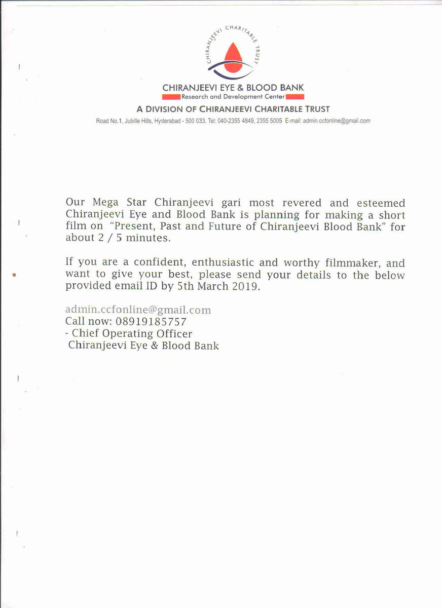 CCTBloodBank's tweet photo. Megastar Chiranjeevi Eye and Blood Bank

is Planning for a Short Film on

" Present , Past and Future of Chiranjeevi Blood Bank" 

for about 2/5 min 

If your Interested please respond to given contact number/email https://t.co/IqyeZxtZ11