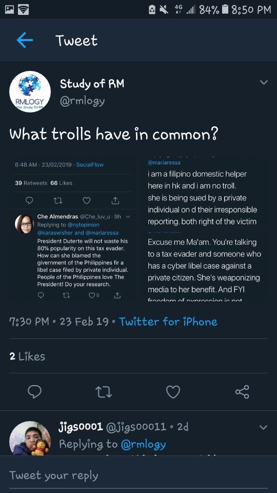 jigs00011's tweet photo. @rmlogy @andie0312 @JegoRagragio @nytopinion @karaswisher @mariaressa mr genius in case u dont have time to check
here is my reply on ur own tweet 
when i saw u labeled me as troll. https://t.co/iNa3hHhHM8