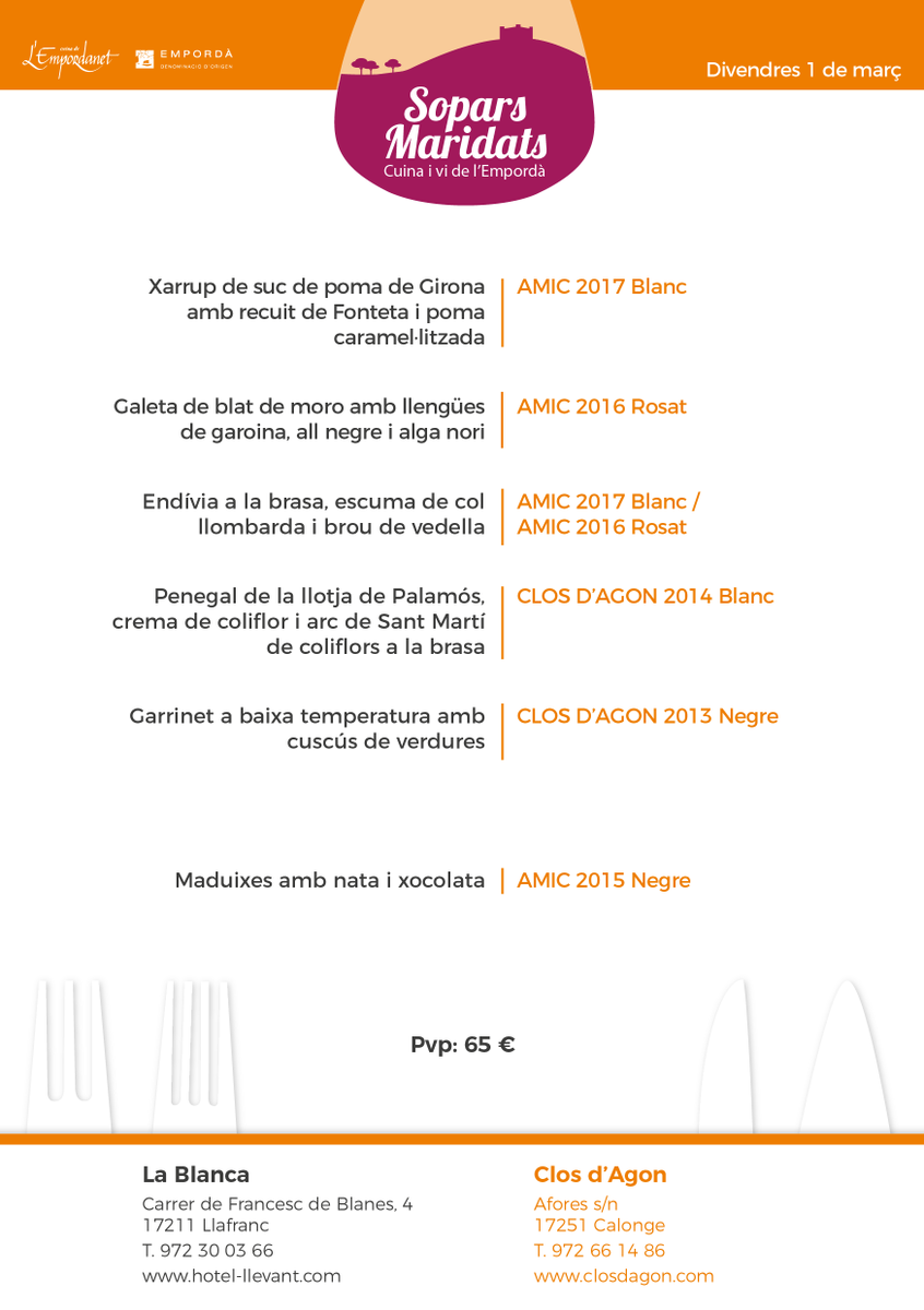 masmartirural's tweet photo. RT CuinaEmpordanet: Seguim amb els #soparsmaridats2019. Aquest divendres 1 de març inaugurem el mes amb el menú del Restaurant La Blanca de Llafranc, que maridarà els seus plats amb el celler Closdagon de la DOEmporda. Truca i reserva: 972 30 03 66.

#so… https://t.co/1NWFzq5ycu