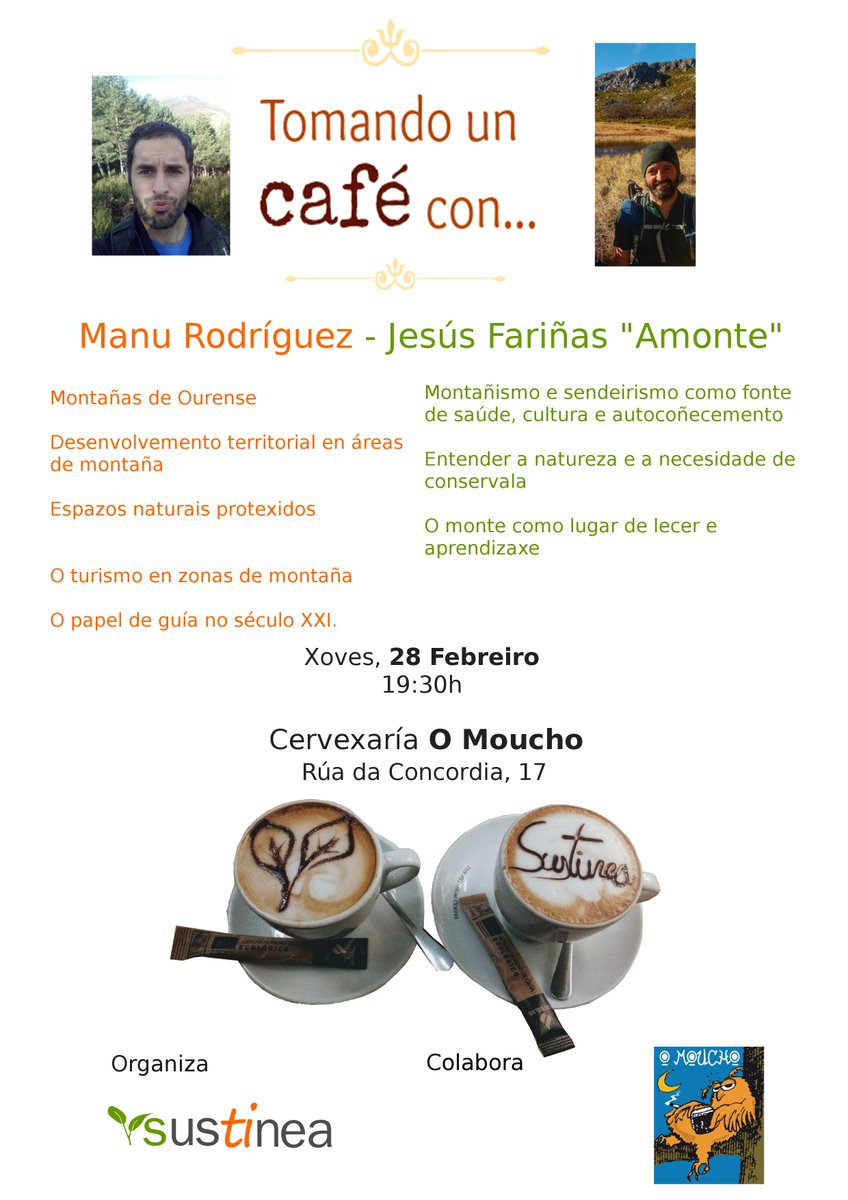 Este xoves 28 de febreiro agardámoste na Cervexaría O Moucho para dar un paseo polos cumio da montaña da man de dous expertos montañeiros, Manu Rodríguez e Jesús Fariñas. 👣🥾🥾🏔️
#montañismo #guías #espazosProtexidos #conservación #desenvolvementoTerritorial