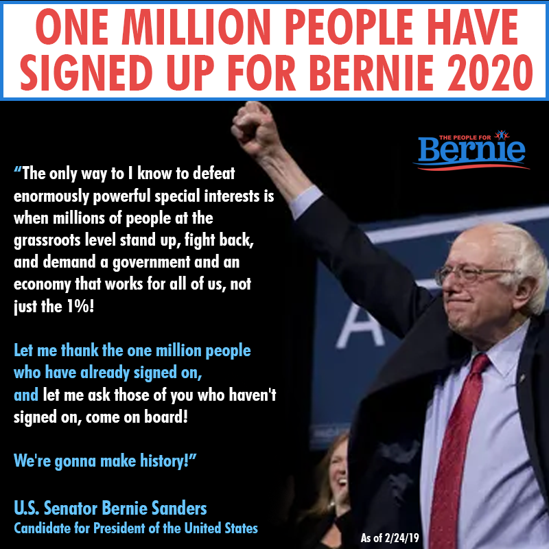 People4Bernie's tweet photo. BREAKING: One million people have signed up for #Bernie2020

Let's make it two million.

Sign up to volunteer and get involved TODAY: https://t.co/alPU9J5lNS #FeelTheBern https://t.co/WVfBK2nC4F