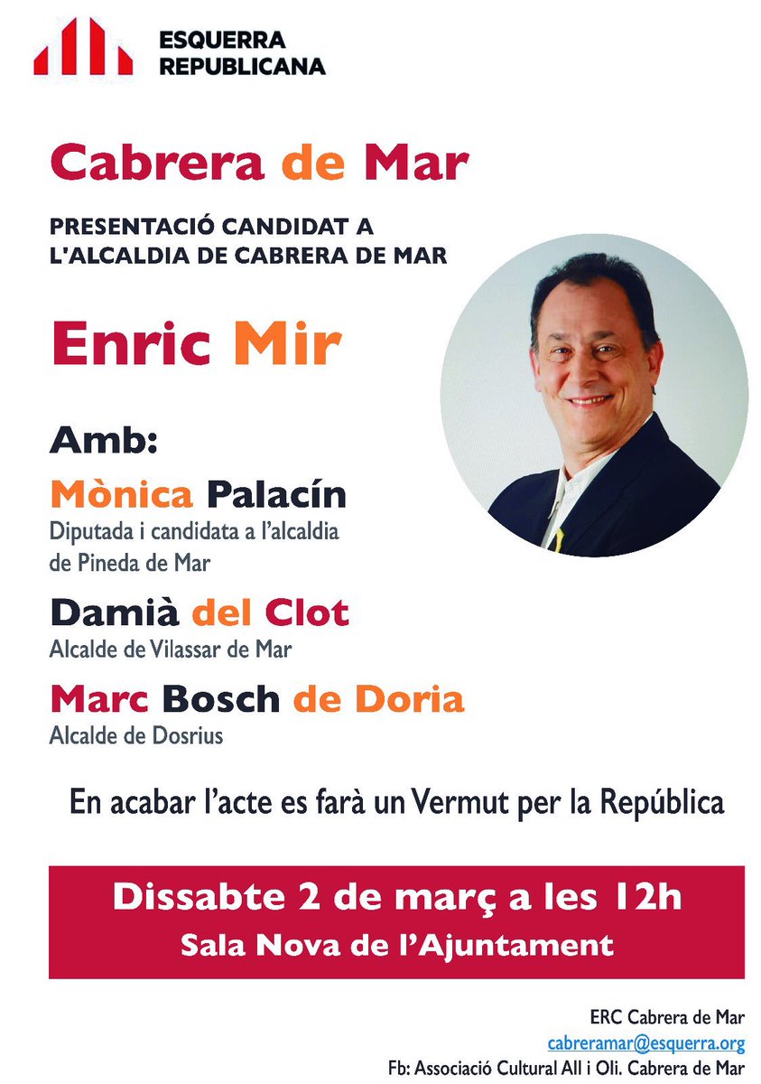 No podeu faltar!!!
Dissabte 2 de març a les 12h Sala Nova de L’Ajuntament de Cabrera de Mar .
PRESENTACIÓ CANDIDAT A L’ALCALDIA DE CABRERA DE MAR #ENRIC MIR. #semprehisom. Pel poble i per el Poble.