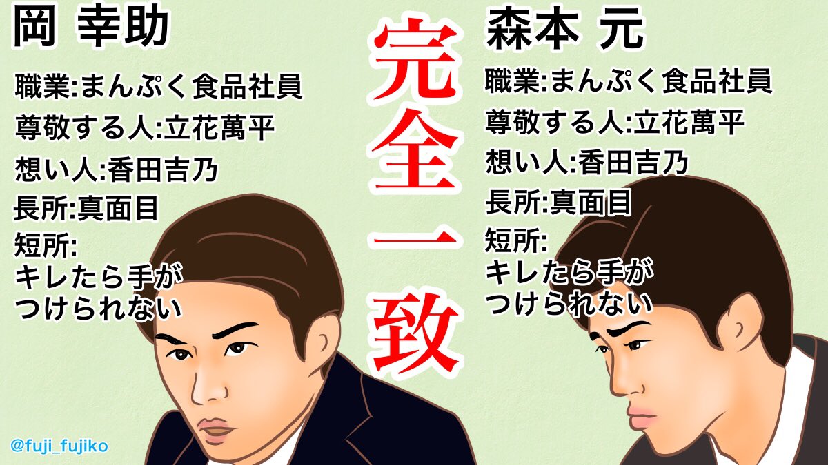 スペックの違い【岡森編】
違いを探したけど、無かった。
#まんぷく #ぷく絵 #まんぷく絵 
#中尾明慶 #岡幸助
#毎熊克哉 #森本元 